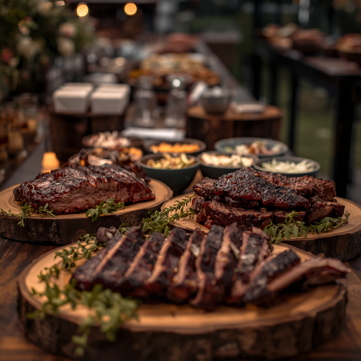Charred steaks and grilled meats on wooden platters at a dimly lit buffet table