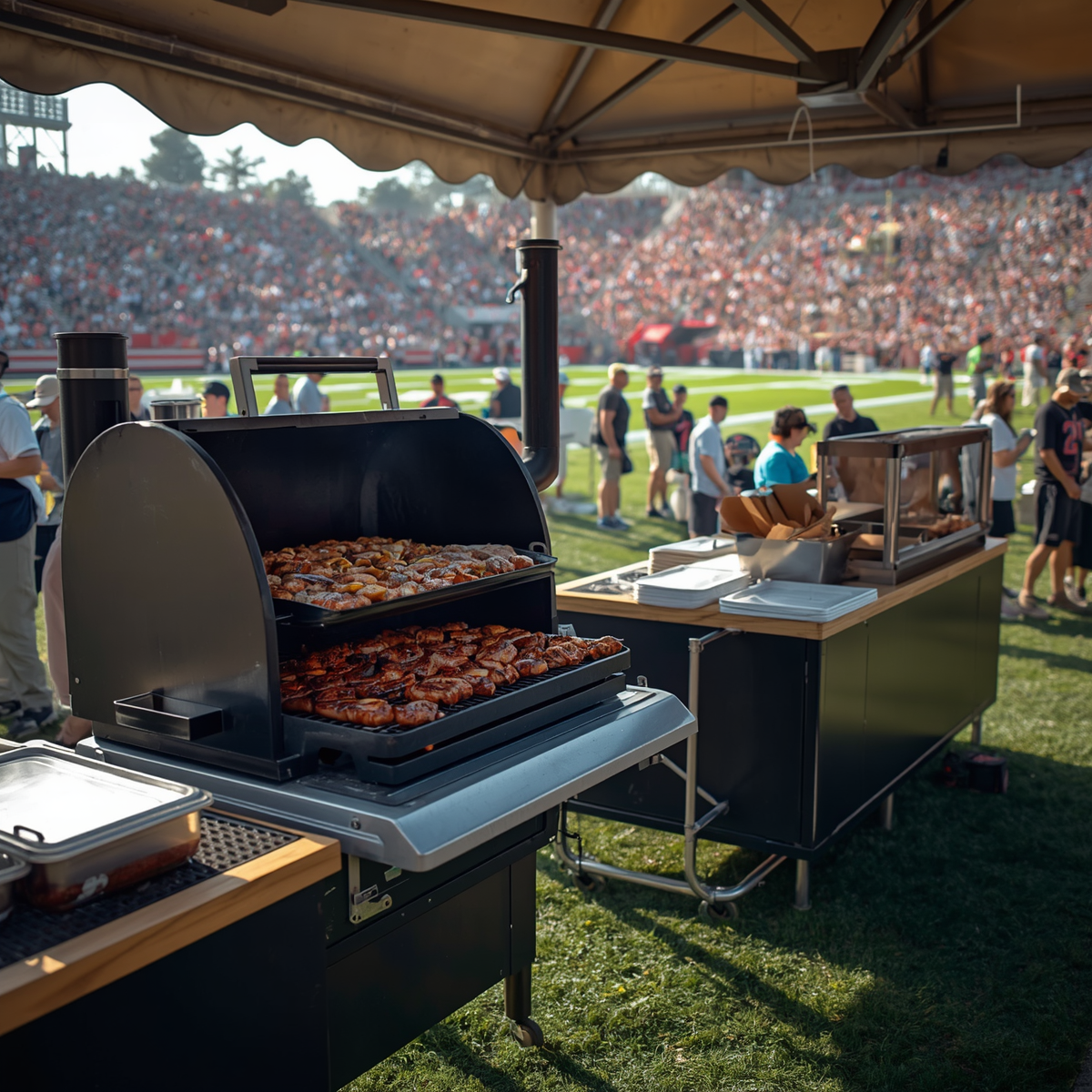 Grill station under a tent at a crowded outdoor sports event, with food cooking on a large smoker.