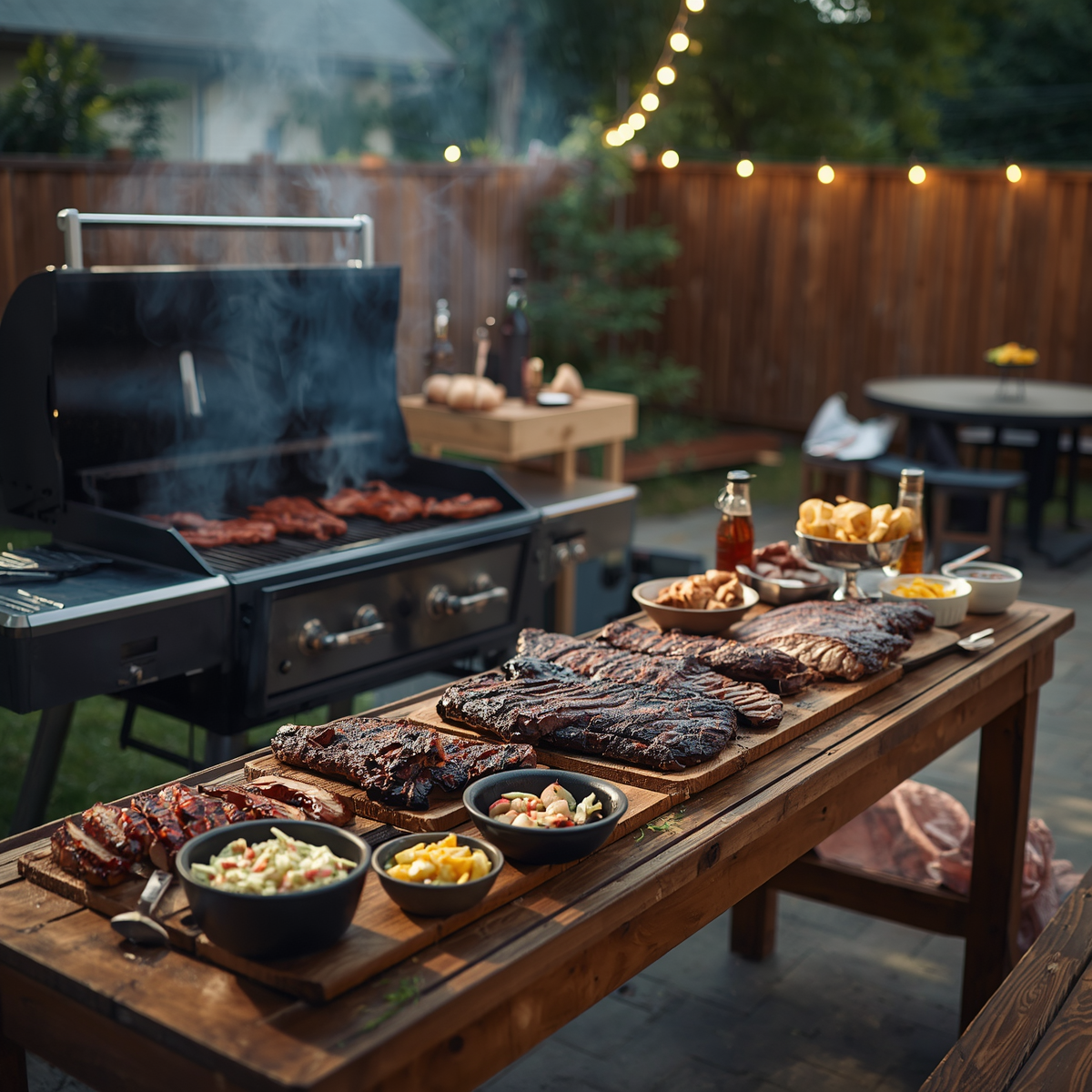 Backyard barbecue with grilled meats, side dishes, and smoke rising from a black grill at dusk