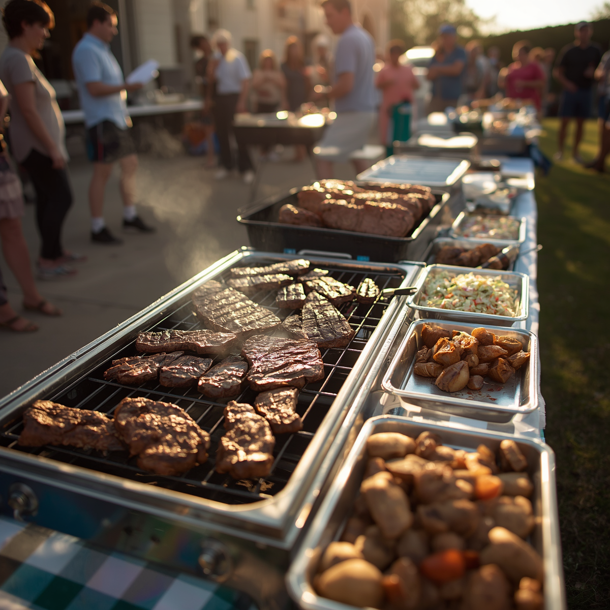 Outdoor barbecue buffet with grilled burgers, meats, and side dishes on metal trays at a sunny gathering