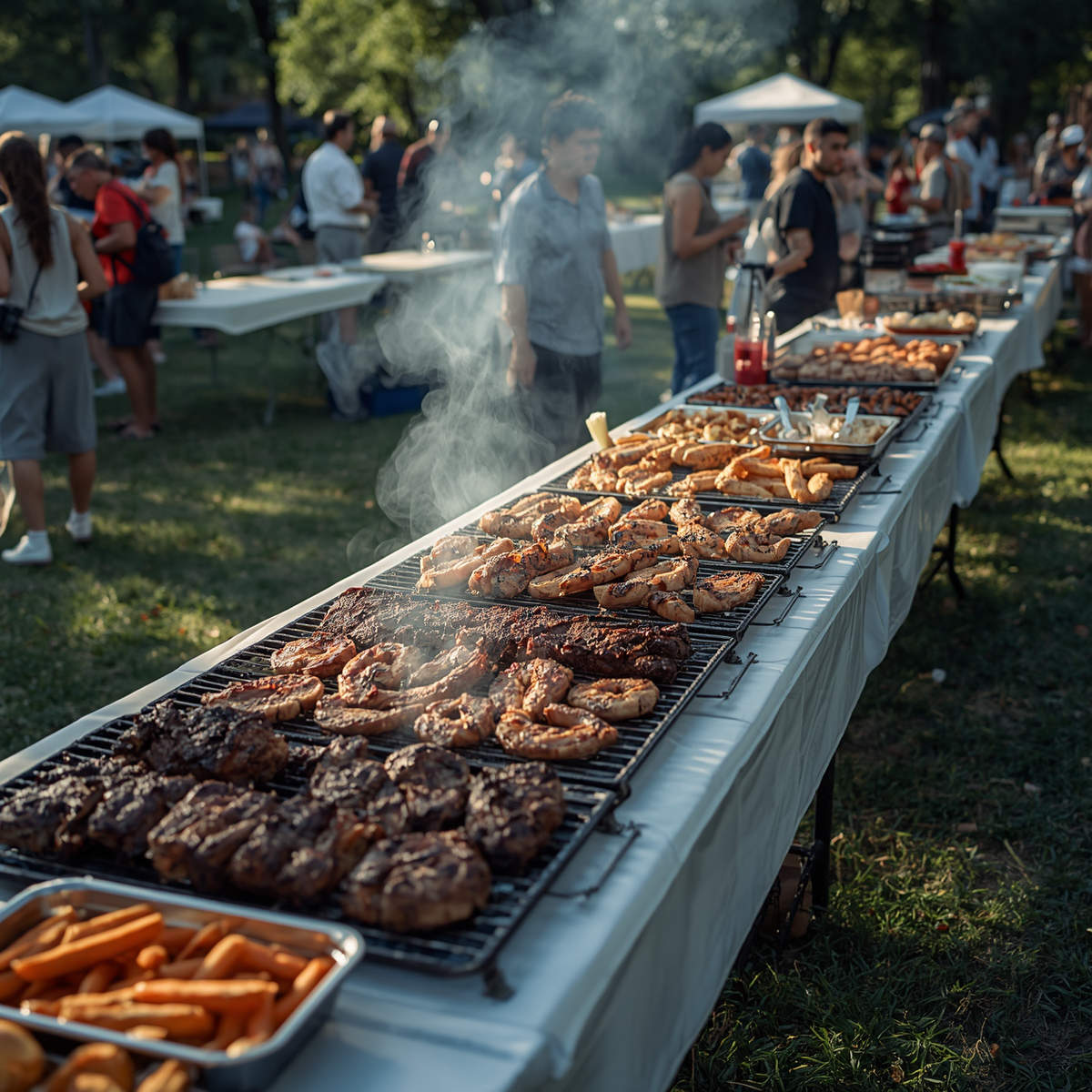 Outdoor barbecue buffet with rows of grilled meats and smoke at a park gathering