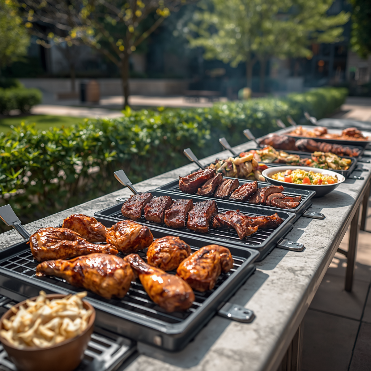 Outdoor buffet of grilled meats and side dishes on trays set along a table in a sunny garden.