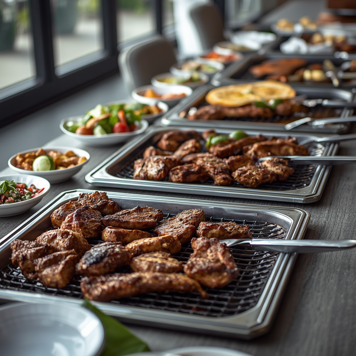 Buffet table with trays of grilled meat, salads, and side dishes in a bright dining room