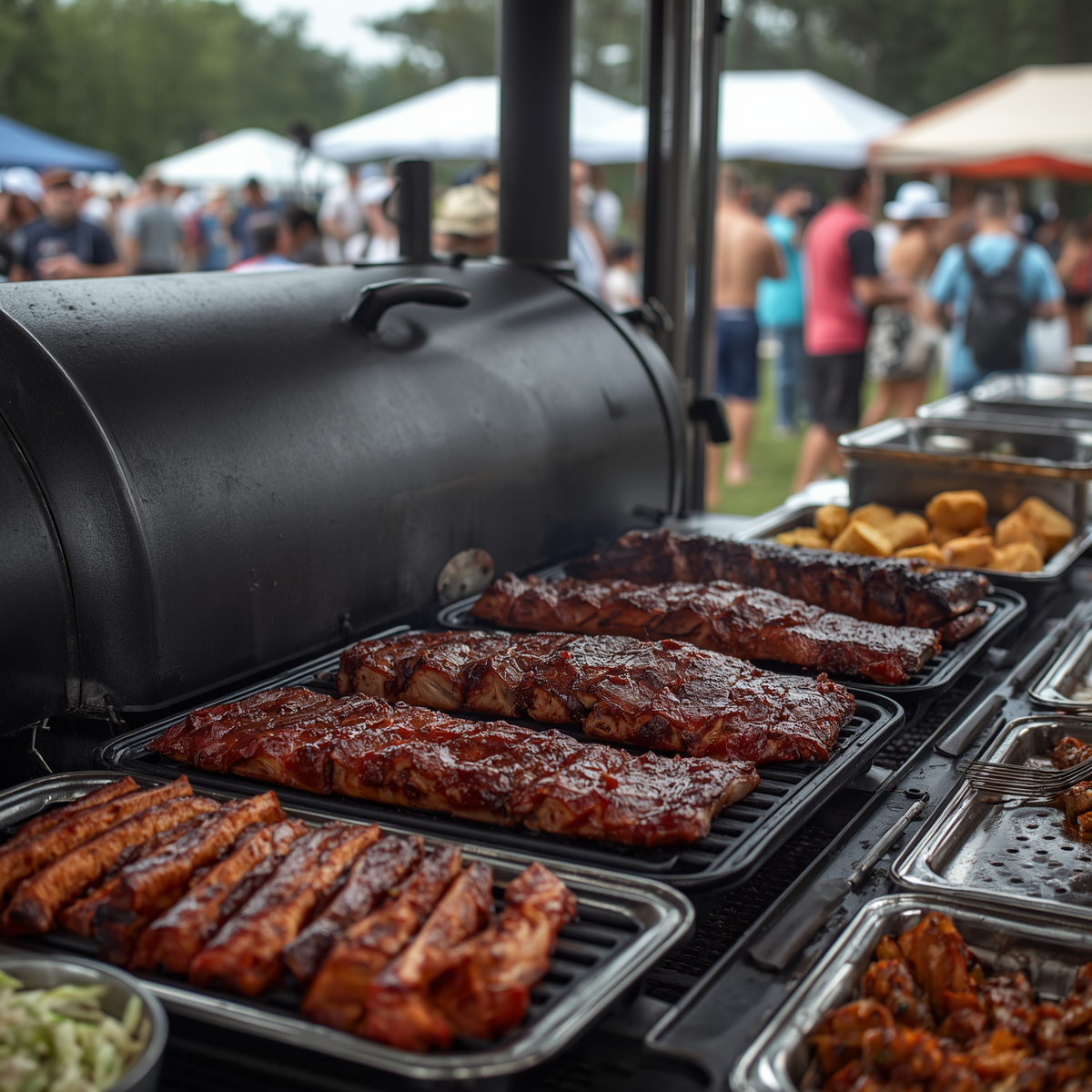 Outdoor barbecue with racks of glazed ribs, sausages, and sides on a grill at a crowded festival