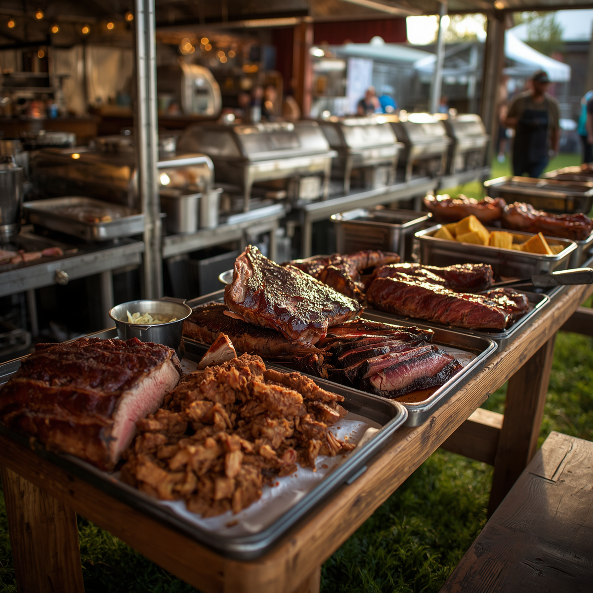Tray of smoked meats on a buffet table at an outdoor food stall