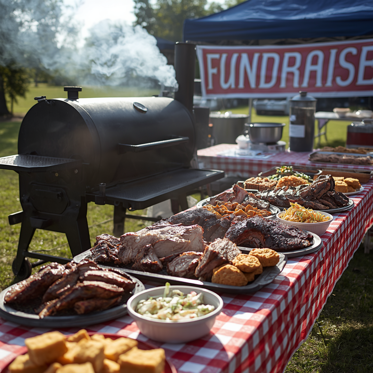 Outdoor barbecue fundraiser with smoked meats on a red-checkered table beside a grill