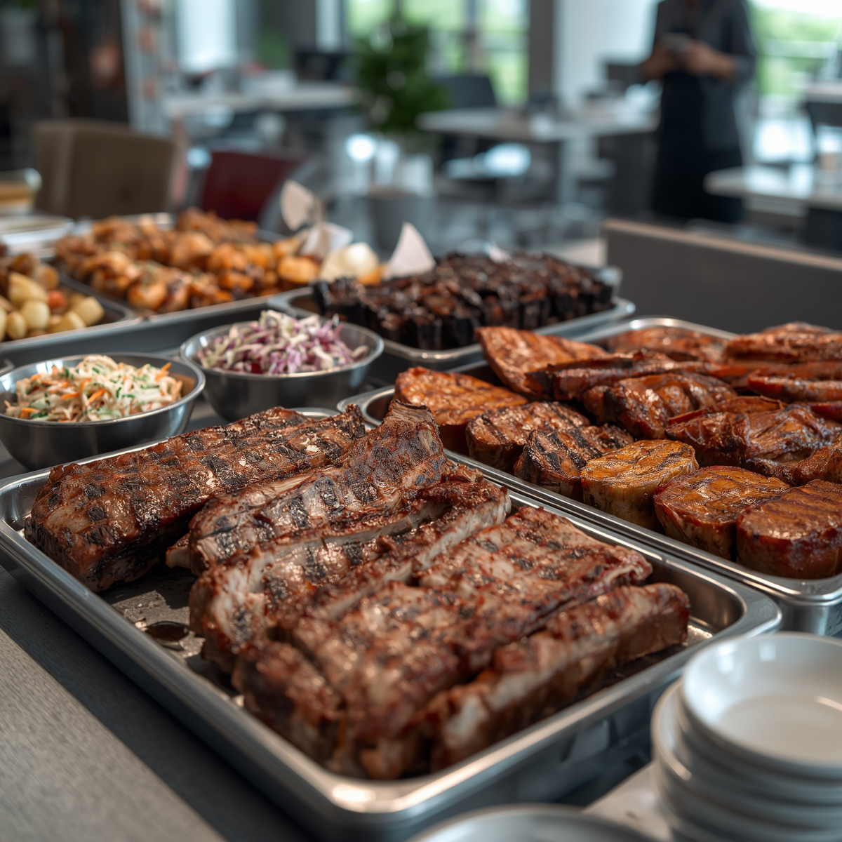 Buffet table with grilled meats, roasted potatoes, salads, and stacked plates in a restaurant kitchen