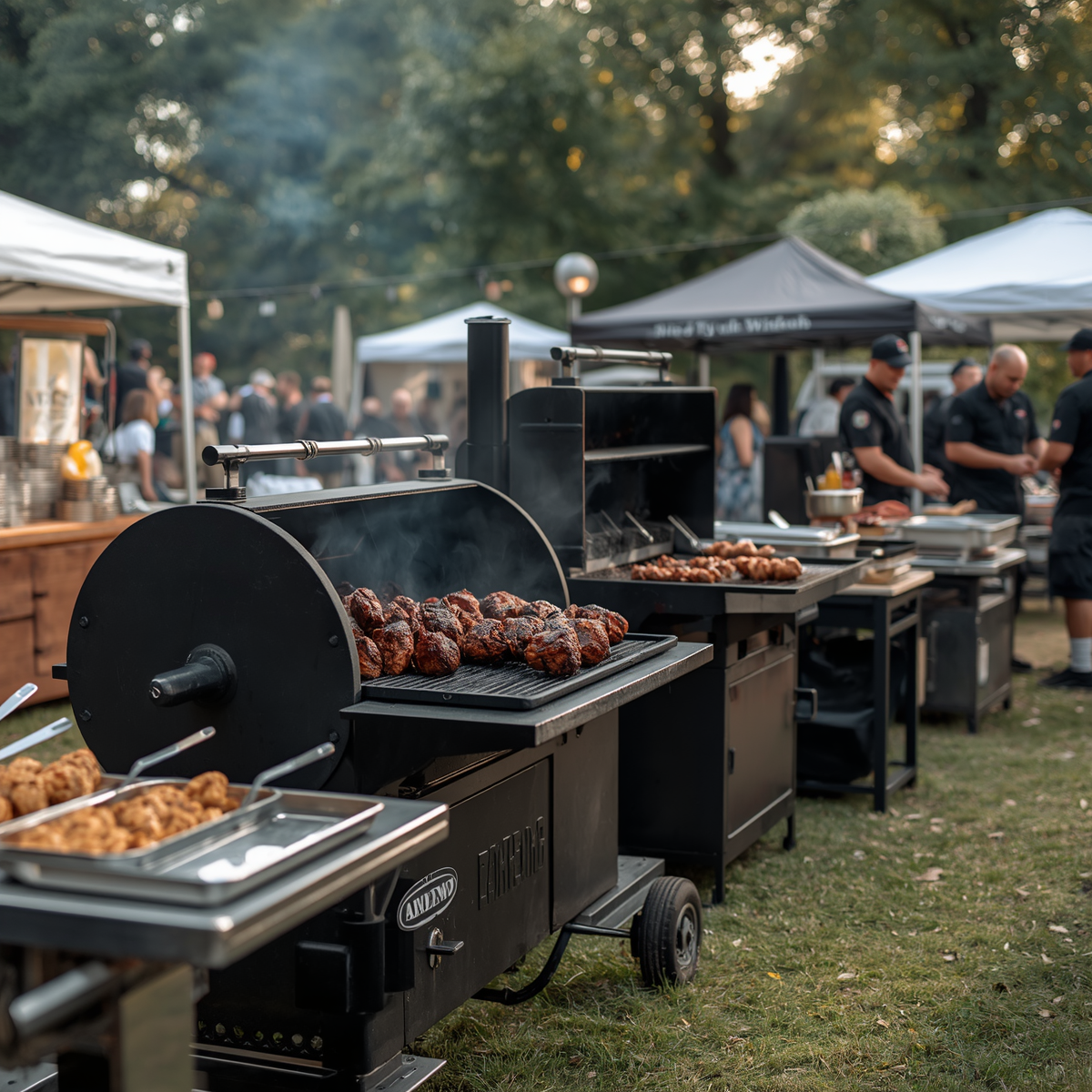 Outdoor barbecue event with smokers and grills serving meat at a food stall outdoors