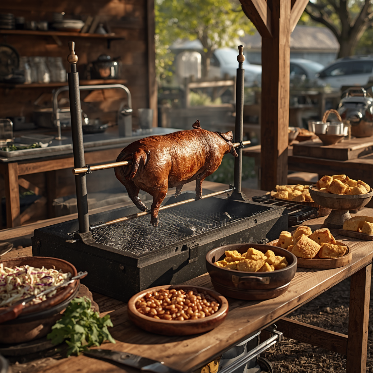 Roasted pig on a spit at an outdoor buffet table with bowls of side dishes