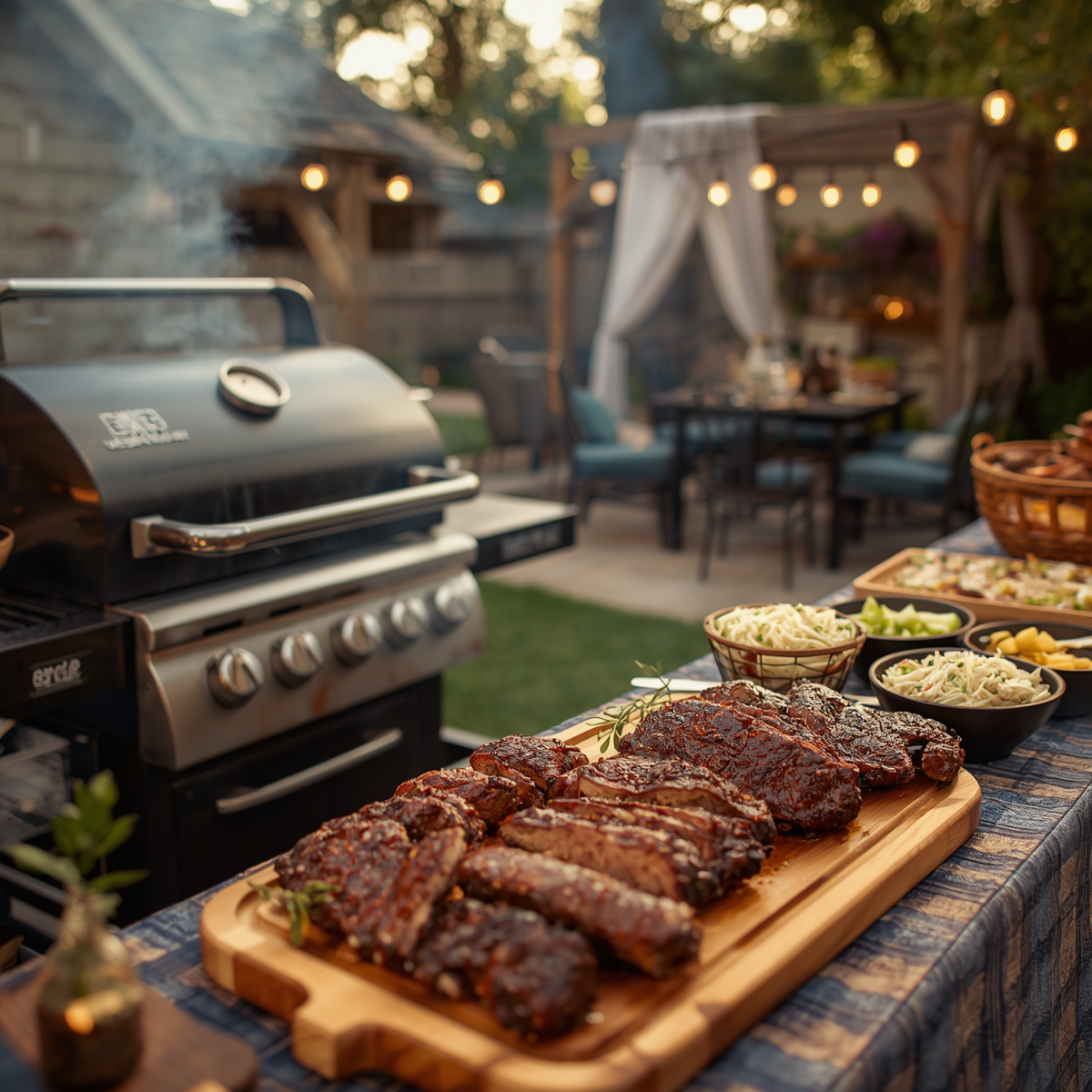 Outdoor barbecue setup with grilled steaks on a wooden board beside a gas grill at dusk