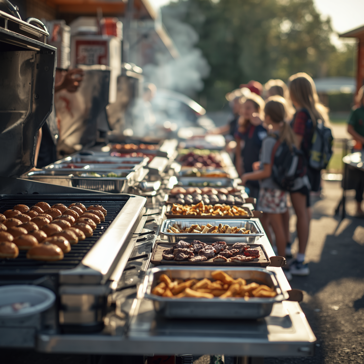 Outdoor food buffet with trays of grilled dishes and bread beside a small crowd in sunlight