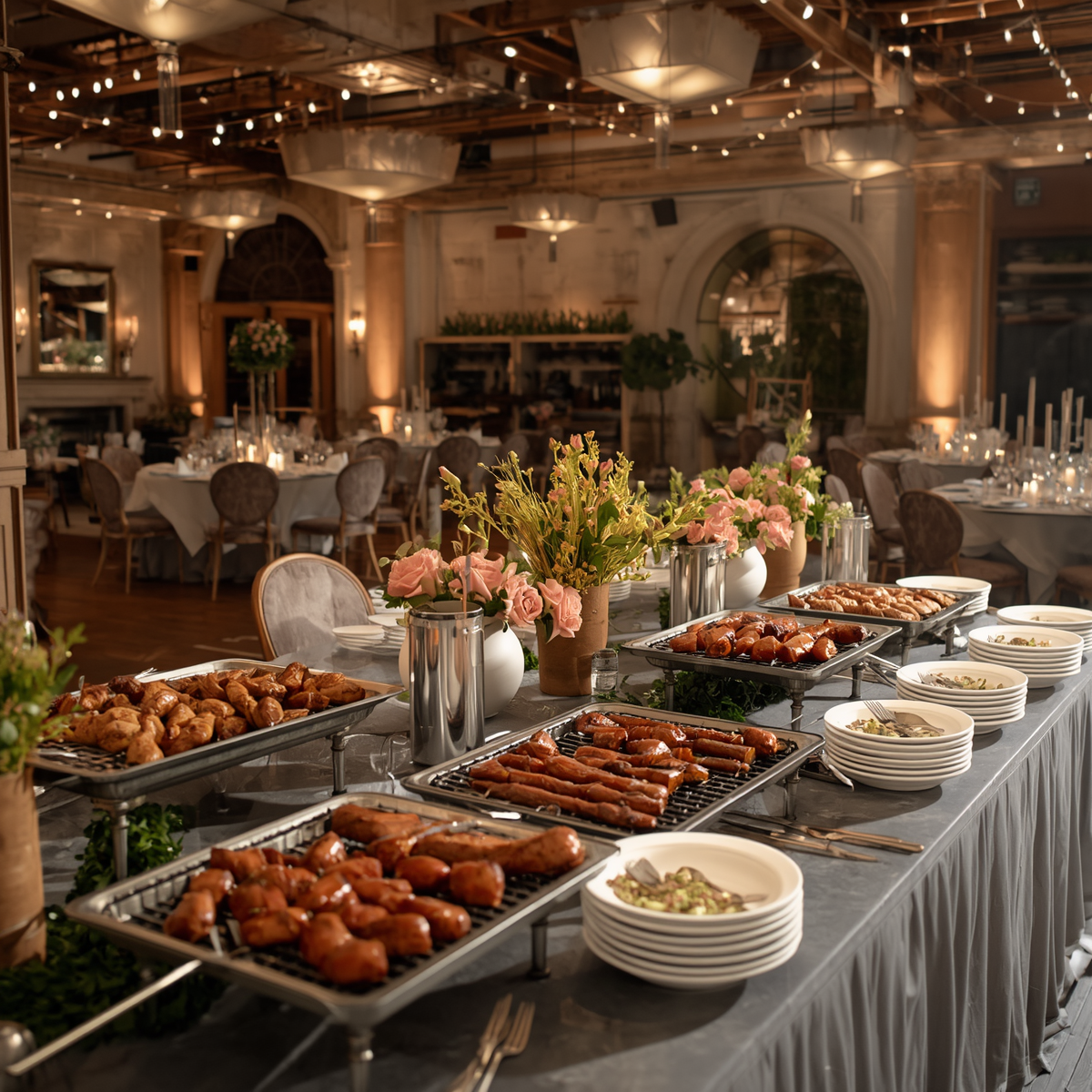 Banquet buffet with trays of food and floral centerpieces in an elegant dining hall