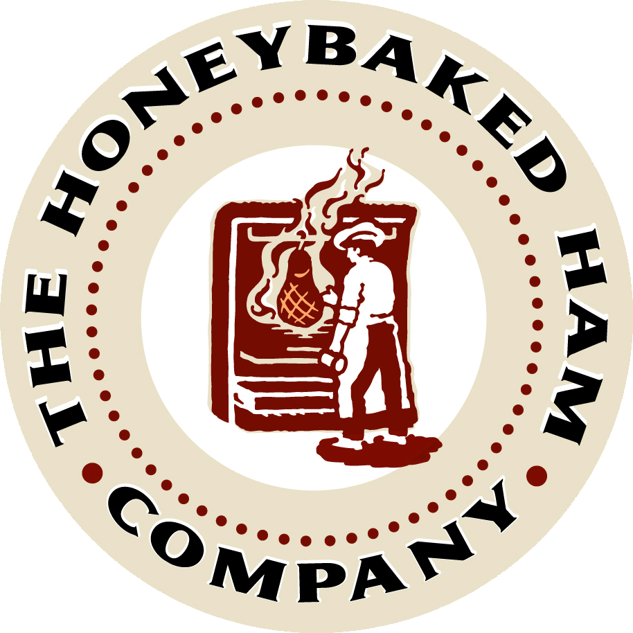 The Honey Baked Ham Company logo with a ham and chef illustration in brown and cream