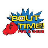 Bout Time Pub & Grub logo with blue burst and red boxing glove