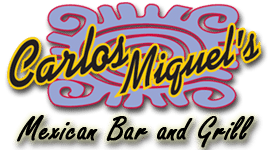Carlos Miguel's Mexican Bar and Grill logo with purple swirl and gold script on a light background