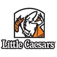 Little Caesars logo with a cartoon Roman holding a pizza on a black-and-orange shield.