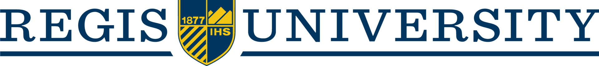 Regis University logo with blue text and shield crest on a white background