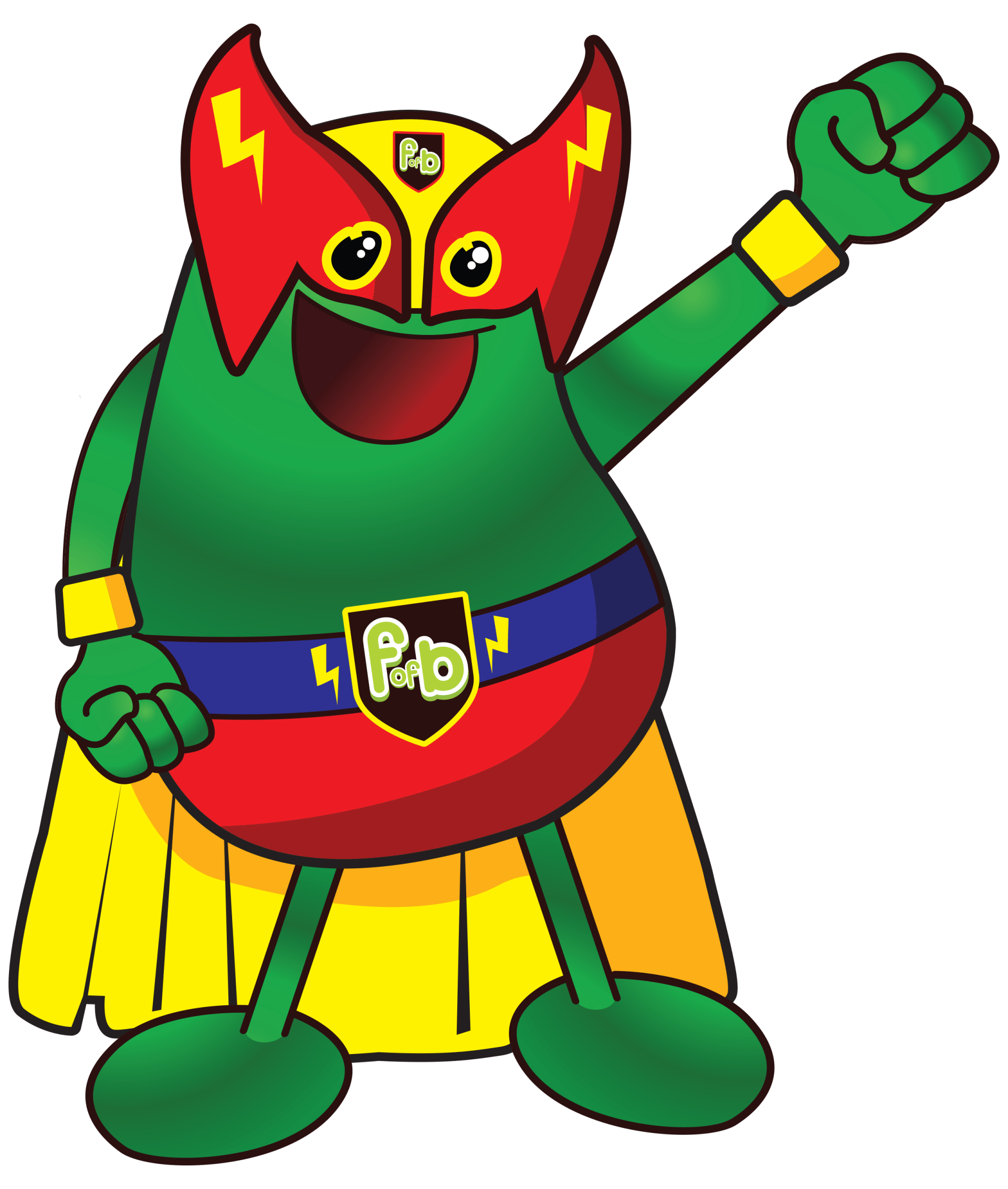A cartoon character is wearing a superhero costume with the letter p on it