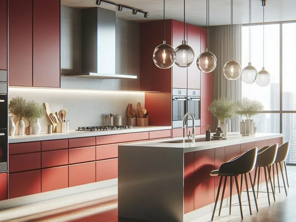 Modern kitchen with red cabinetry, island seating, pendant lights, and large windows with curtains