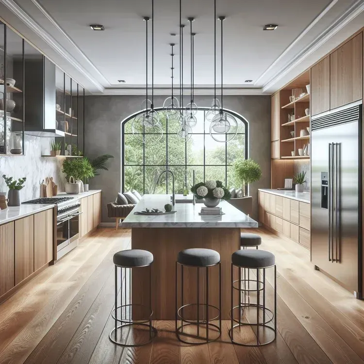 Modern kitchen with island, stools, wood cabinetry, and large arched window overlooking greenery