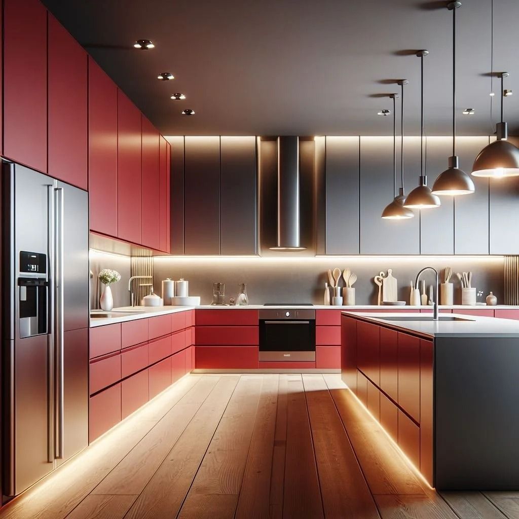 Modern kitchen with red cabinets, stainless steel appliances, and pendant lights over a wooden floor