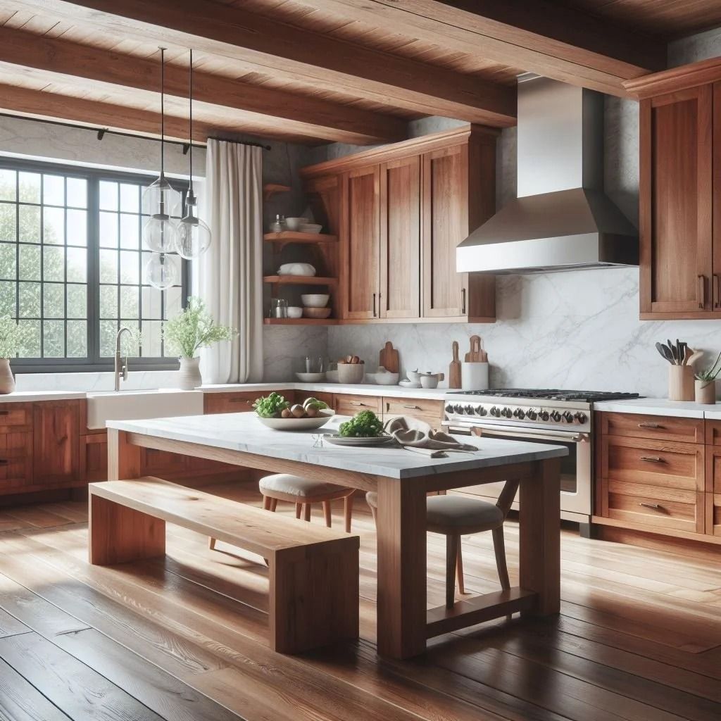 Sunlit modern kitchen with wood cabinets, island table, bench, and large window