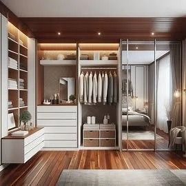 Modern walk-in closet with white shelves, hanging clothes, drawers, and a mirrored sliding door beside a bed
