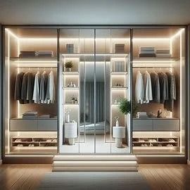 Modern walk-in closet with illuminated shelves, hanging clothes, mirrors, and central seating area