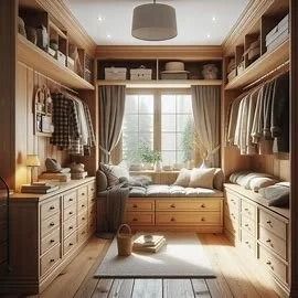 Cozy walk-in closet with built-in shelves, drawers, hanging clothes, and a cushioned window seat in warm wood tones
