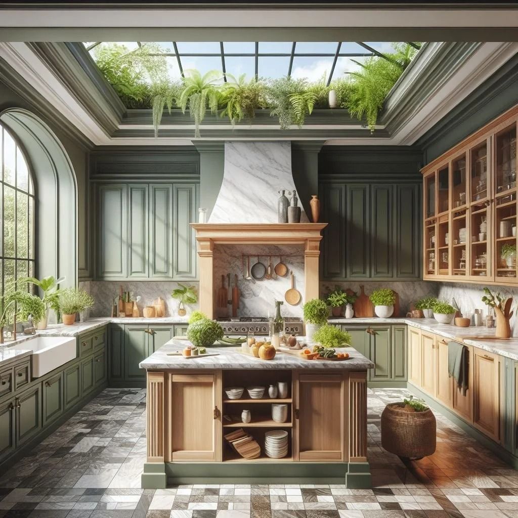 Bright rustic kitchen with green cabinets, marble island, skylight, and abundant plants