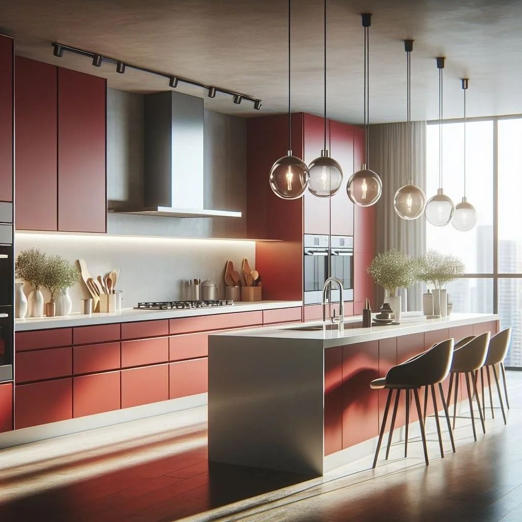 Modern kitchen with red cabinets, a central island, and pendant lights over a bright dining area