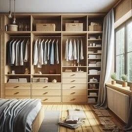 Cozy bedroom with an open wooden wardrobe, hanging clothes, drawers, shelves, and sunlight by a window.