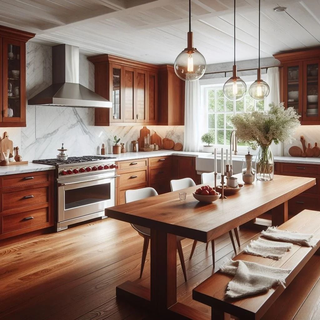 Bright modern kitchen with wooden island, pendant lights, stainless range, and sunlit window.