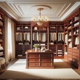 Elegant walk-in closet with wooden cabinetry, hanging clothes, central island, and chandelier lighting