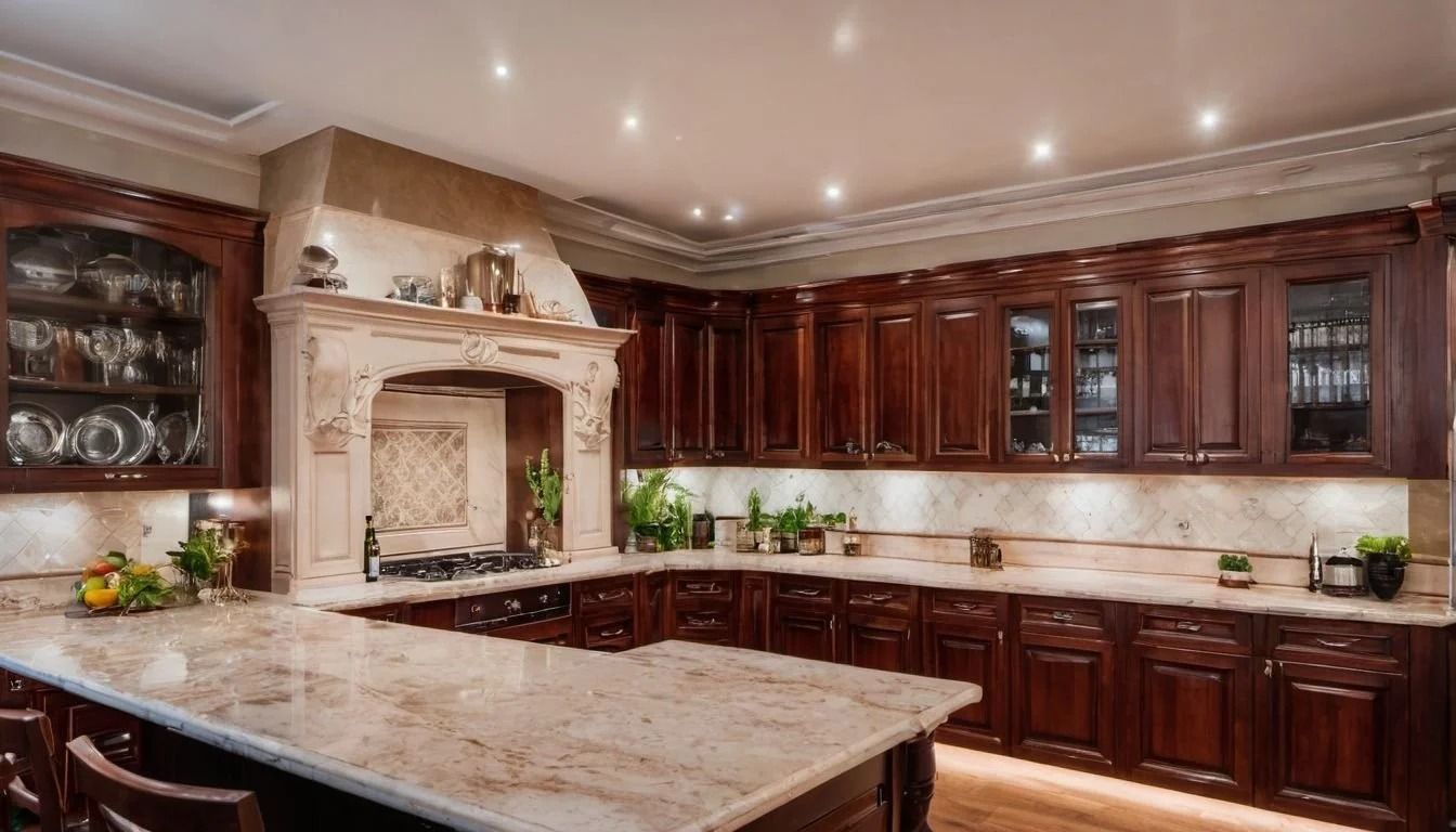 Luxurious kitchen with dark wood cabinets, marble island, and ornate white range hood