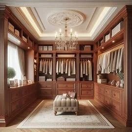 Elegant walk-in closet with wood cabinetry, hanging shirts, chandelier, and tufted ottoman on a rug.