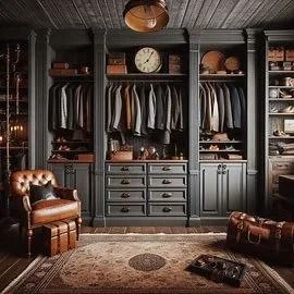 Dark walk-in closet with suits, drawers, clock, leather chair, and rug in a moody, elegant interior.