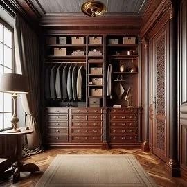 Elegant walk-in closet with dark wood cabinetry, hanging clothes, drawers, and a central rug