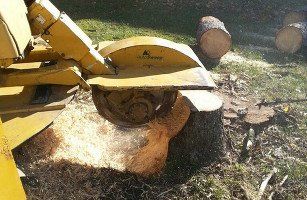 Yellow wood chipper cutting a log outdoors, with wood chips scattering on the ground.
