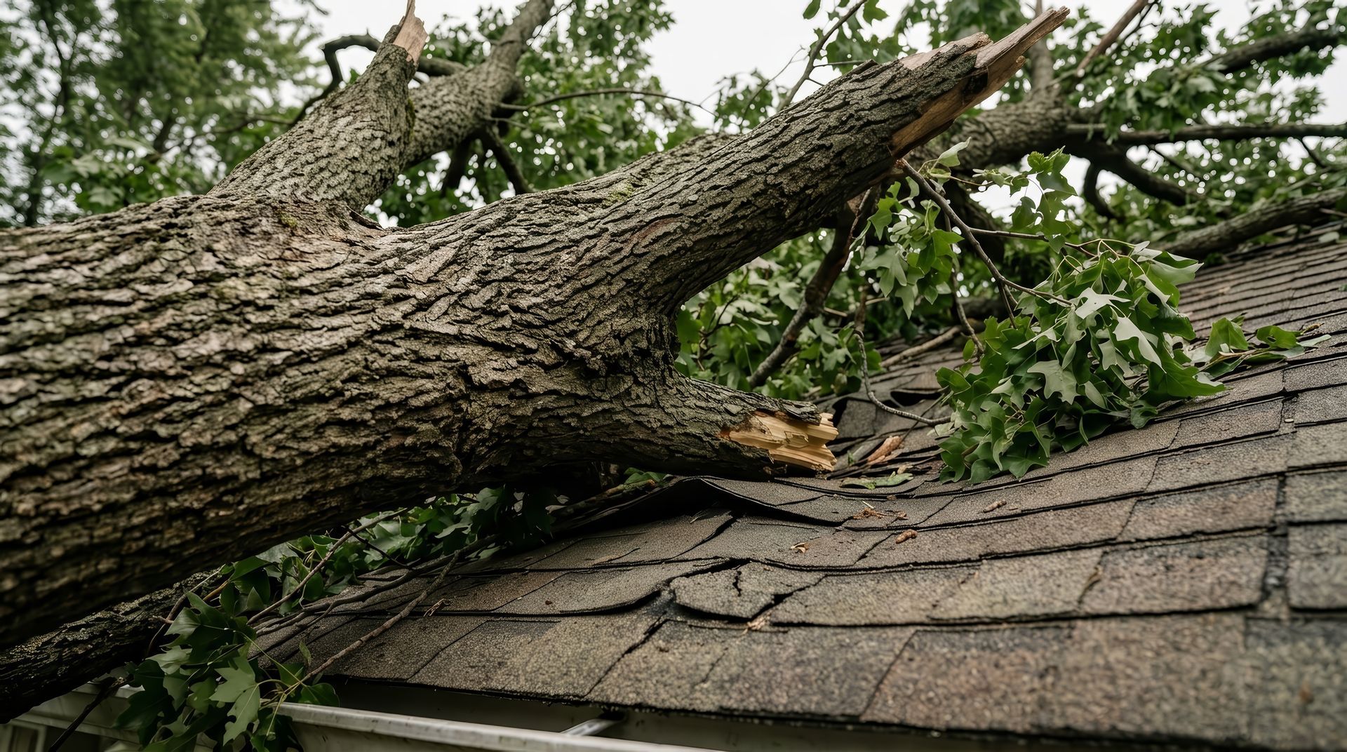 Large fallen tree resting on a damaged shingle roof after a storm.