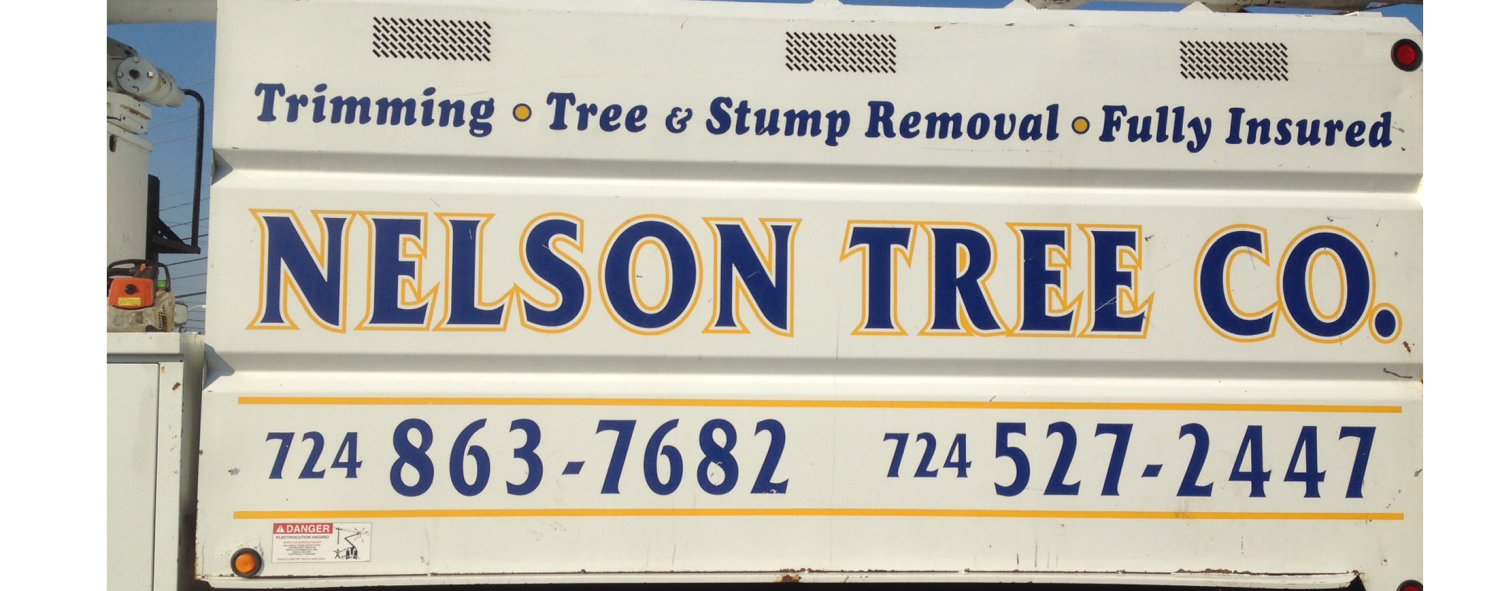 Nelson Tree Co. sign with tree trimming, stump removal, and phone numbers 724-863-7682, 724-527-2447