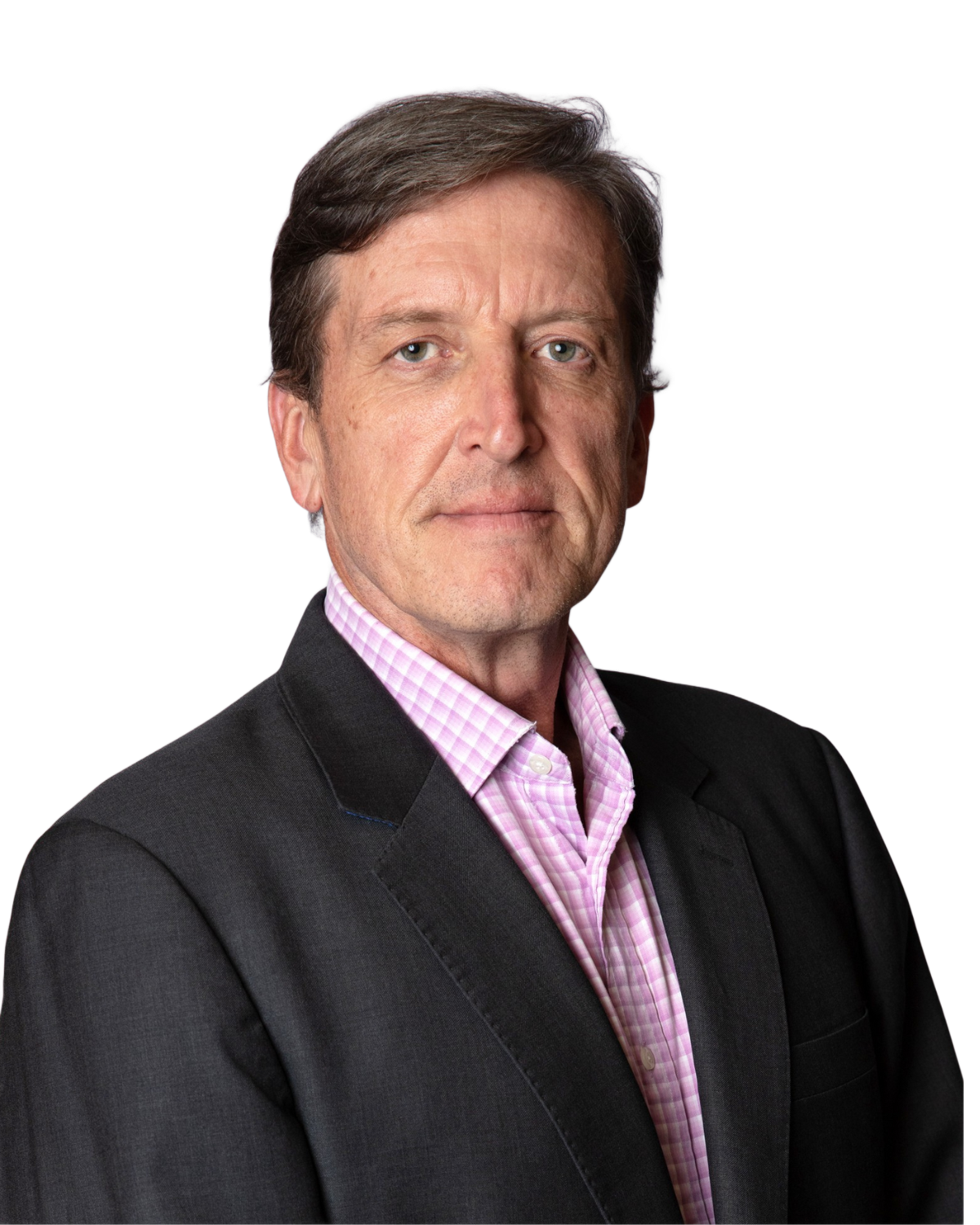 Portrait of a man in a dark suit and pink checkered shirt on a white background