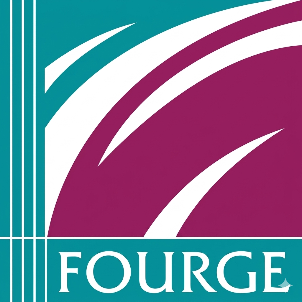 Fourge logo with teal and magenta arcs and white serif text