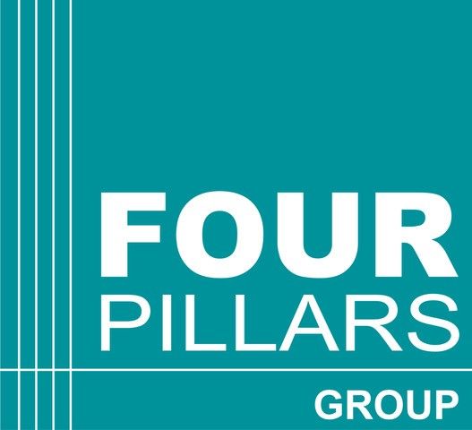 Four Pillars Group logo on a teal background with white text and vertical lines