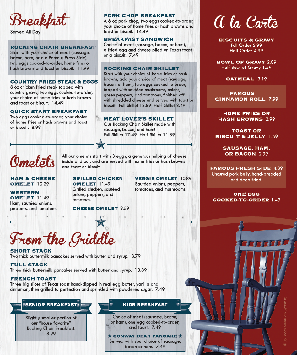 Red-and-white restaurant menu board with breakfast, omelets, grill items, and a red chair illustration