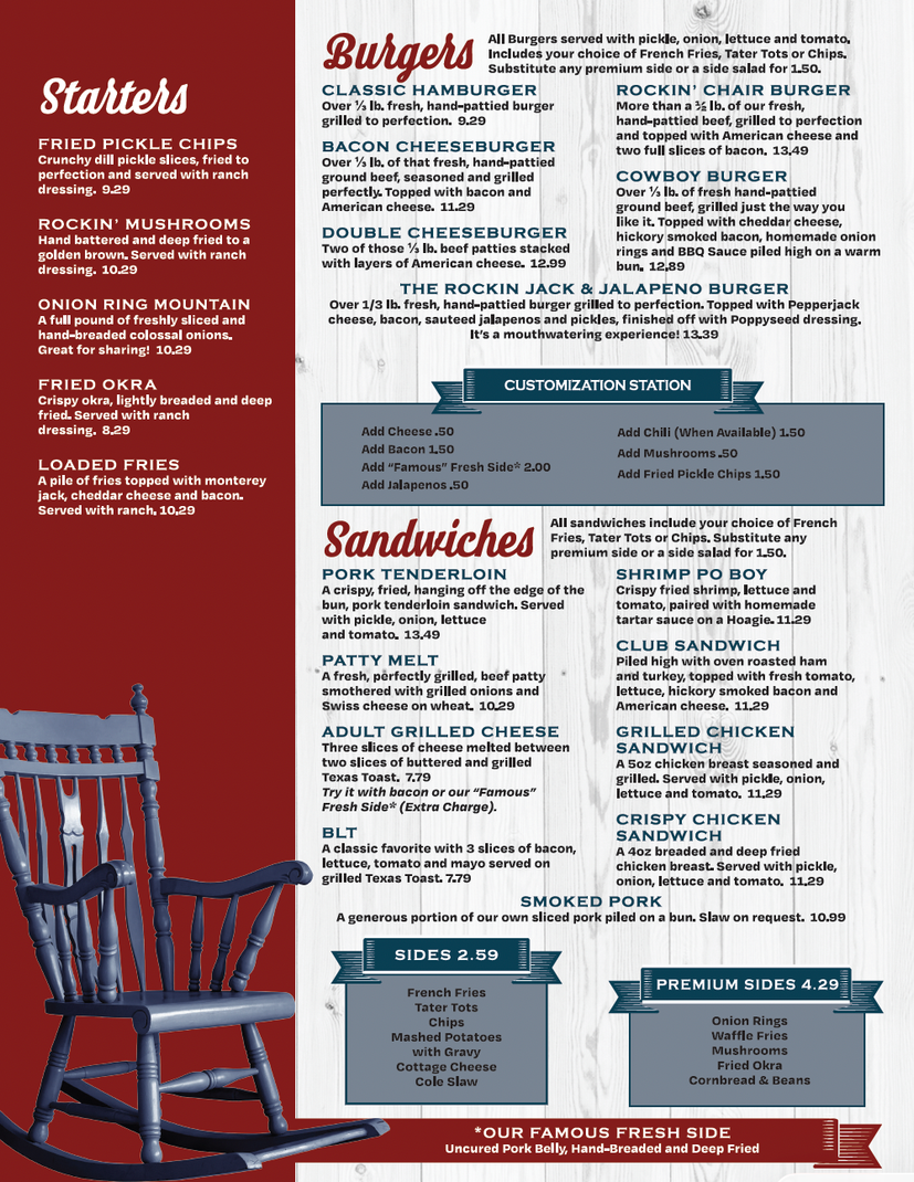 Restaurant menu page with red and white layout, featuring burgers, sandwiches, starters, and specials.