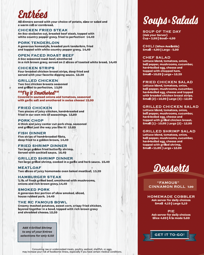Restaurant menu with entrées, soups and salads, and desserts in white and red columns