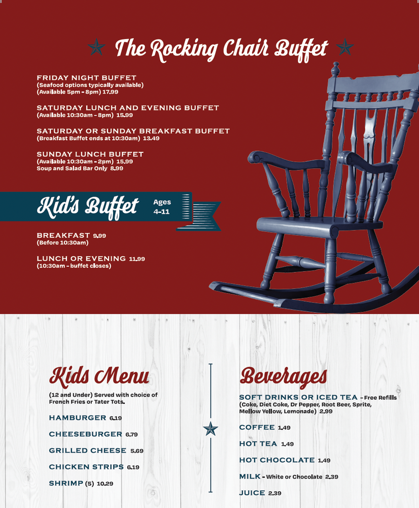 Restaurant menu with red background, wooden rocking chair, and sections for buffet, kids menu, and beverages
