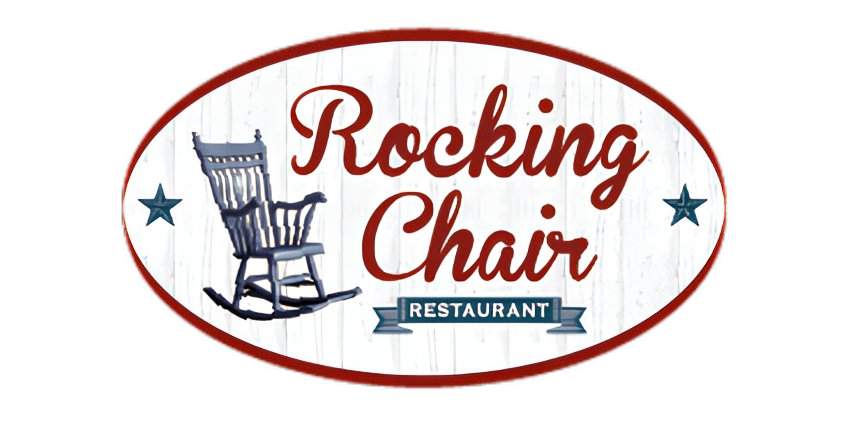 Rocking Chair Restaurant logo with red script text, a blue rocking chair, and star accents on a white oval background