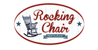 Rocking Chair Restaurant logo with red script text, a blue rocking chair, and star accents on a white oval background